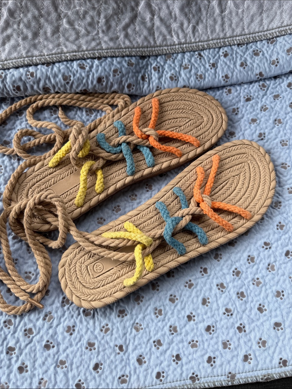 Braided Rope Lace-Up Sandals with Multicolor Accents - Tan